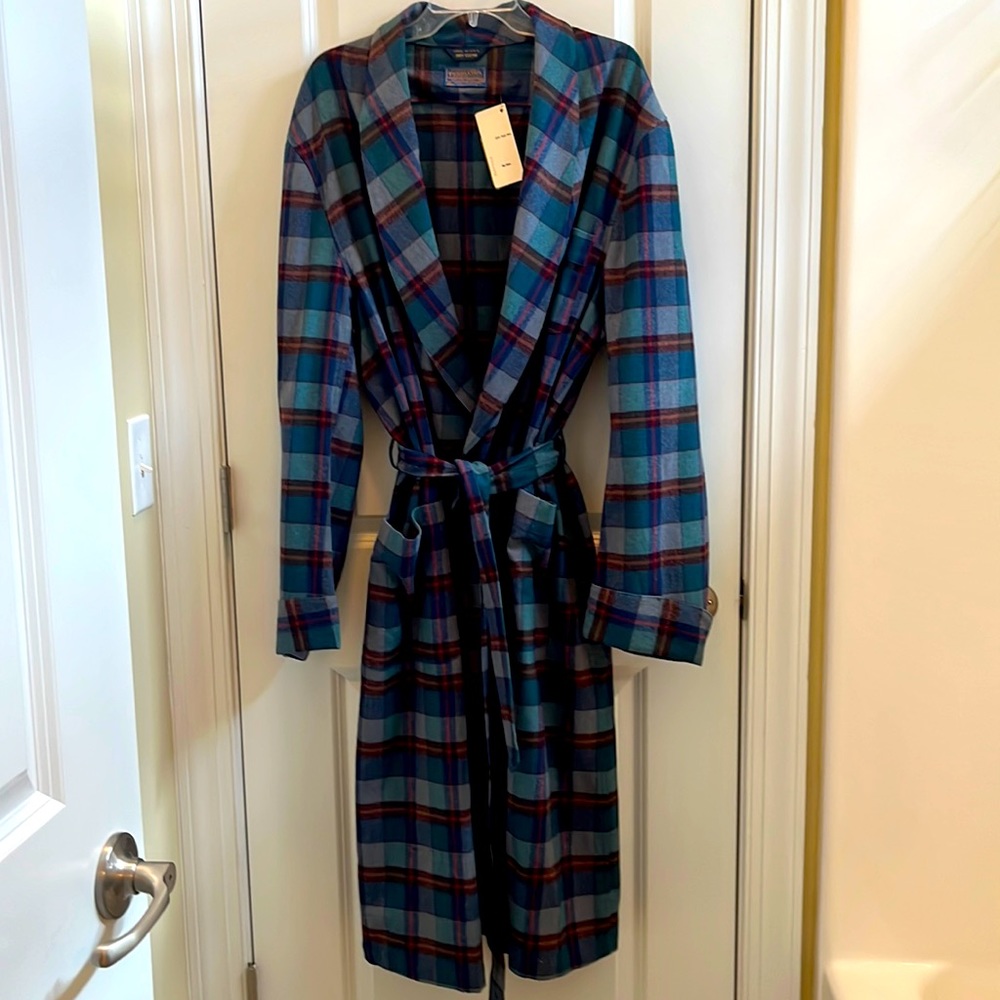NWT Pendleton 100% Virgin Wool Blue & Green Plaid Robe Sz 2x. Many Moth Holes